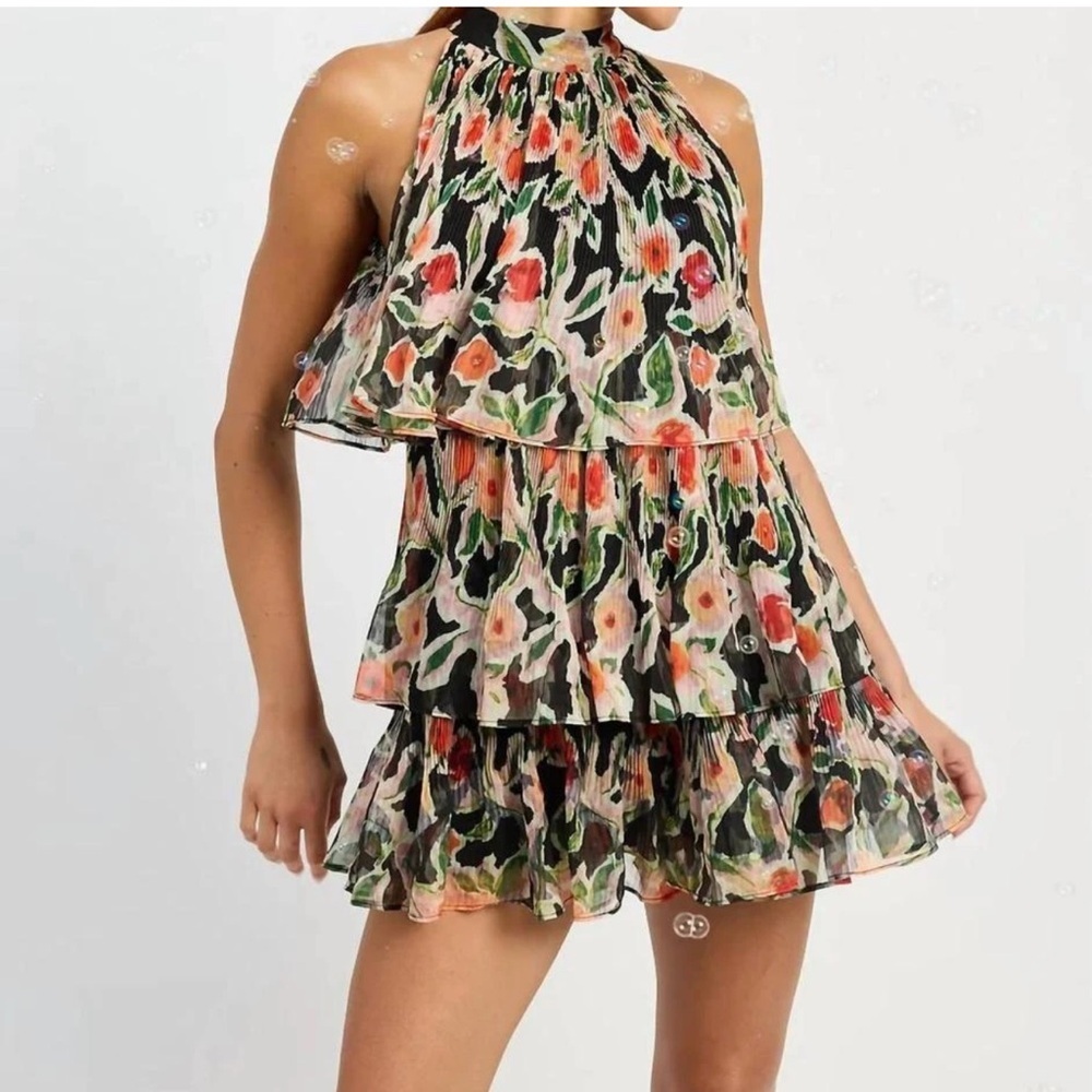 En Saison Floral Tiered Halter Romper in Black with Pink & Green